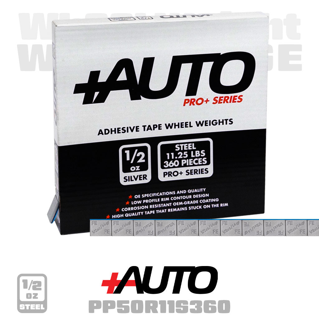 +AUTO | Steel 1/2 oz Stick-On Adhesive Tape Weight - 11.25 lb Roll | 360 pcs | Silver (PP50R11S360)
