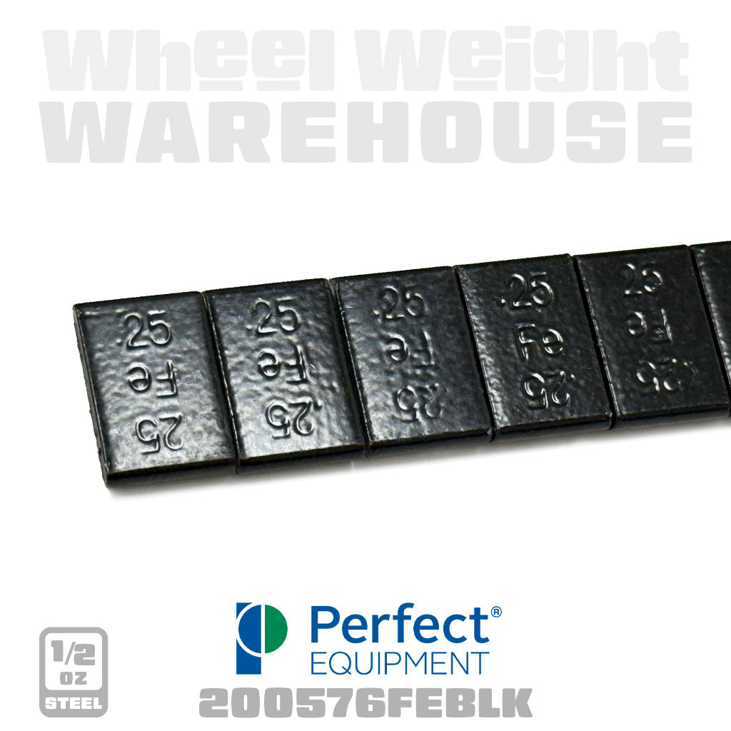 Perfect Equipment | Steel 1/4 oz Stick-On Adhesive Tape Weight - 48 Strips | 576 pcs | Black (200576FEBLK)