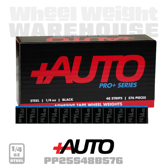 +AUTO | Steel 1/4 oz Stick-On Adhesive Tape Weight - 48 strips | 576 pcs | Black (PP25S48B576)