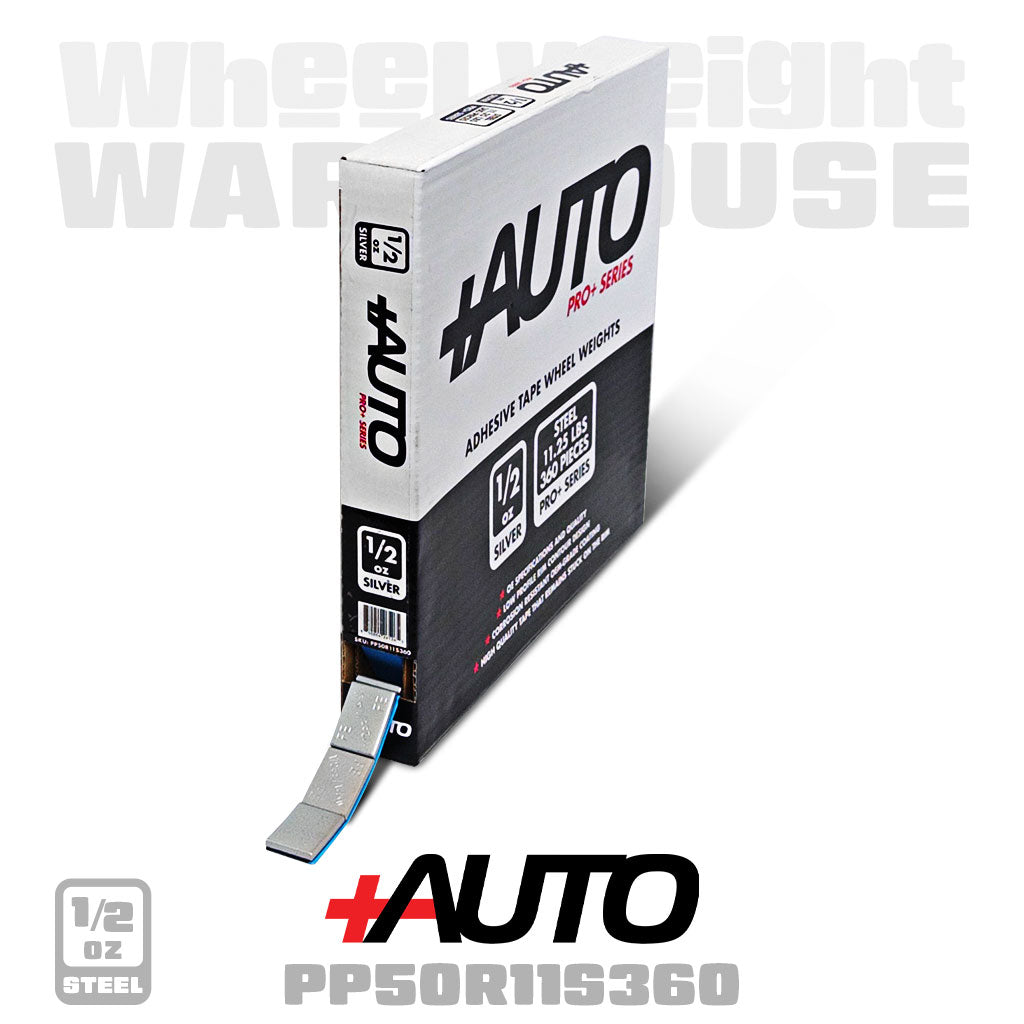 +AUTO | Steel 1/2 oz Stick-On Adhesive Tape Weight - 11.25 lb Roll | 360 pcs | Silver (PP50R11S360)