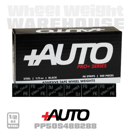 +AUTO | Steel 1/2 oz Stick-On Adhesive Tape Weight - 48 strips | 288 pcs | Black (PP50S48B288)